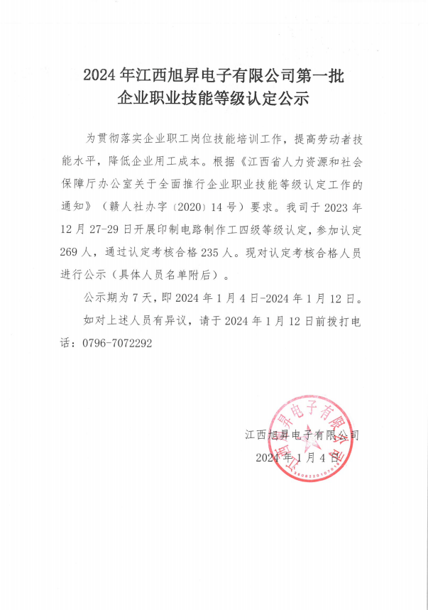 2024年江西旭昇电子有限公司第一批企业职业技能等级认定公示